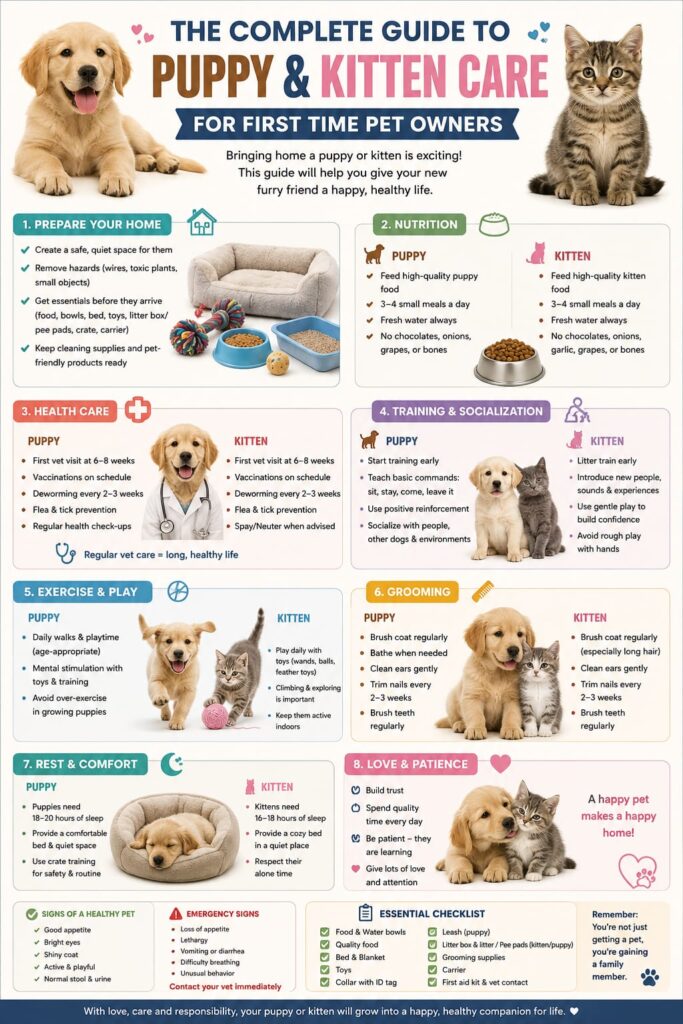 The Complete Guide to Puppy and Kitten Care for First-Time Pet Owners Puppy and kitten care made easy for first-time pet owners. Learn feeding, grooming, training, health care, and tips for raising happy pets.